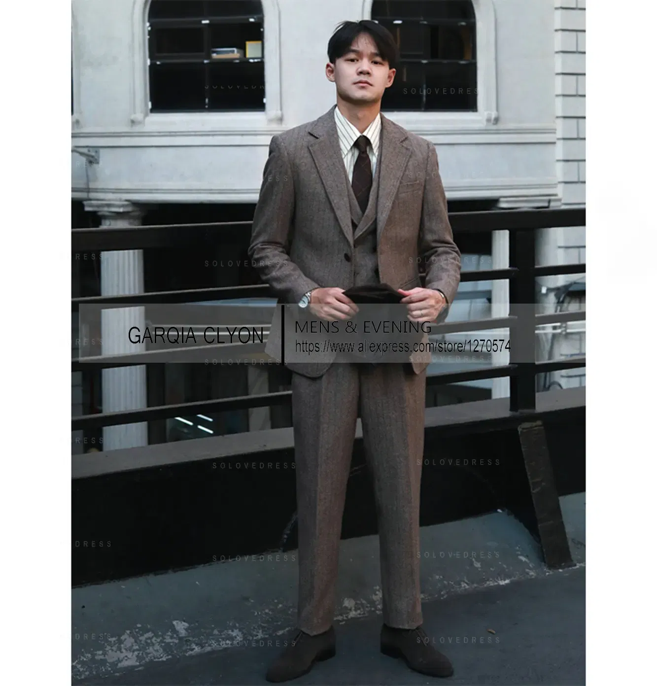 Color: army green, Size: XXL - Tweed Herringbone 3 Pieces Herringbone Men's Business Suits Single Breasted Slim Fit Groom  Formal Suits?€Blazer+vest+Pants?‰