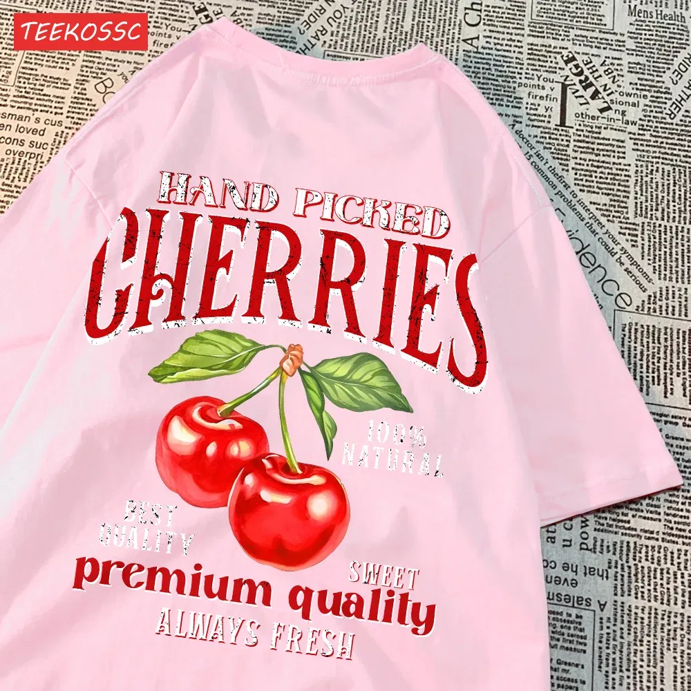 Color: Blue, Size: S - Summer Lemon Cherries Prints T-Shirts Cotton Women's Tops Oversize O-Neck Soft Short Sleeve tees Street Casual Womans Clothes