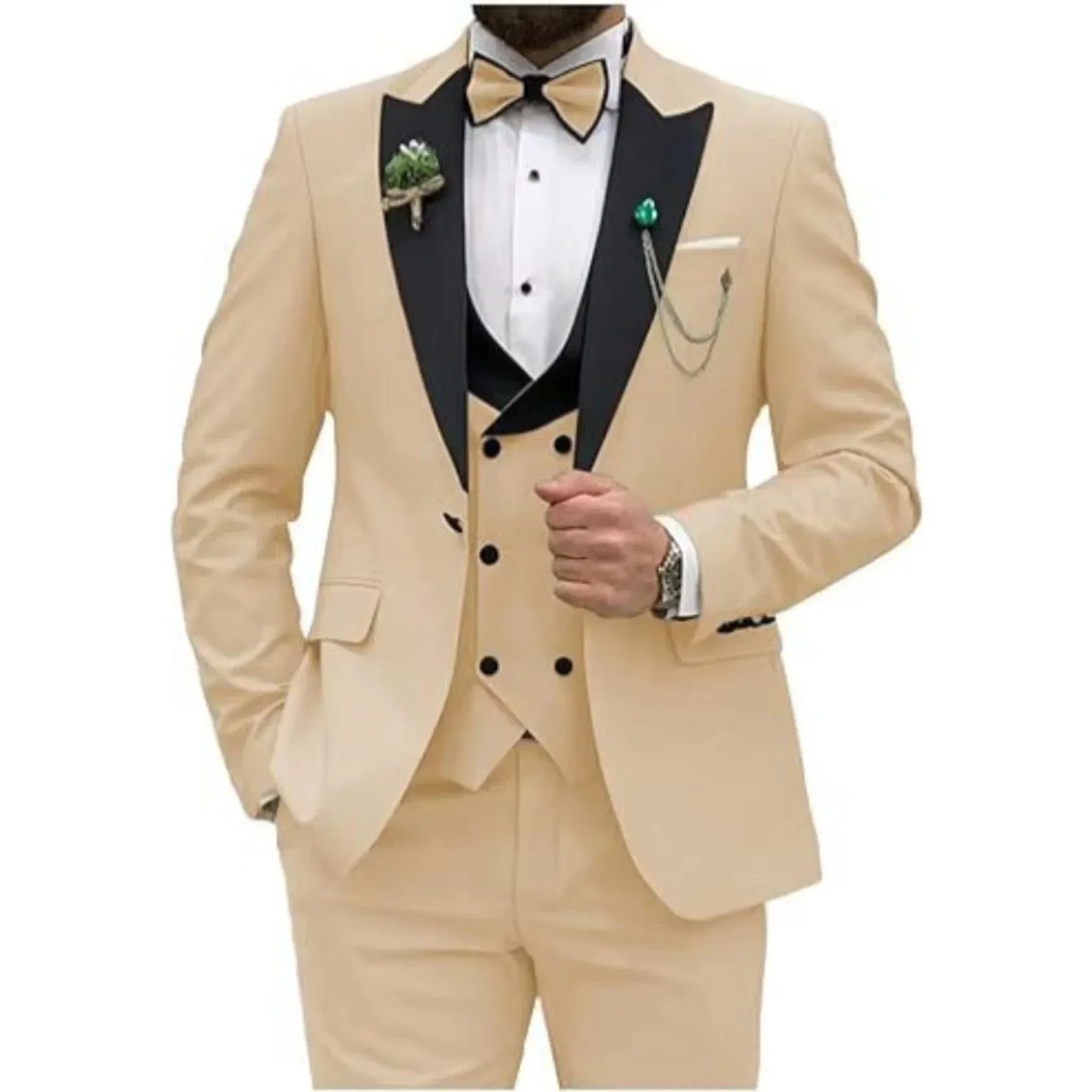 Color: Champagne, Size: S - Men Suit Colorful Luxury Blazer Vest And Pant Sets 3 Piece Birthday Dress Business  Prom Evening Party Costumes High Quality