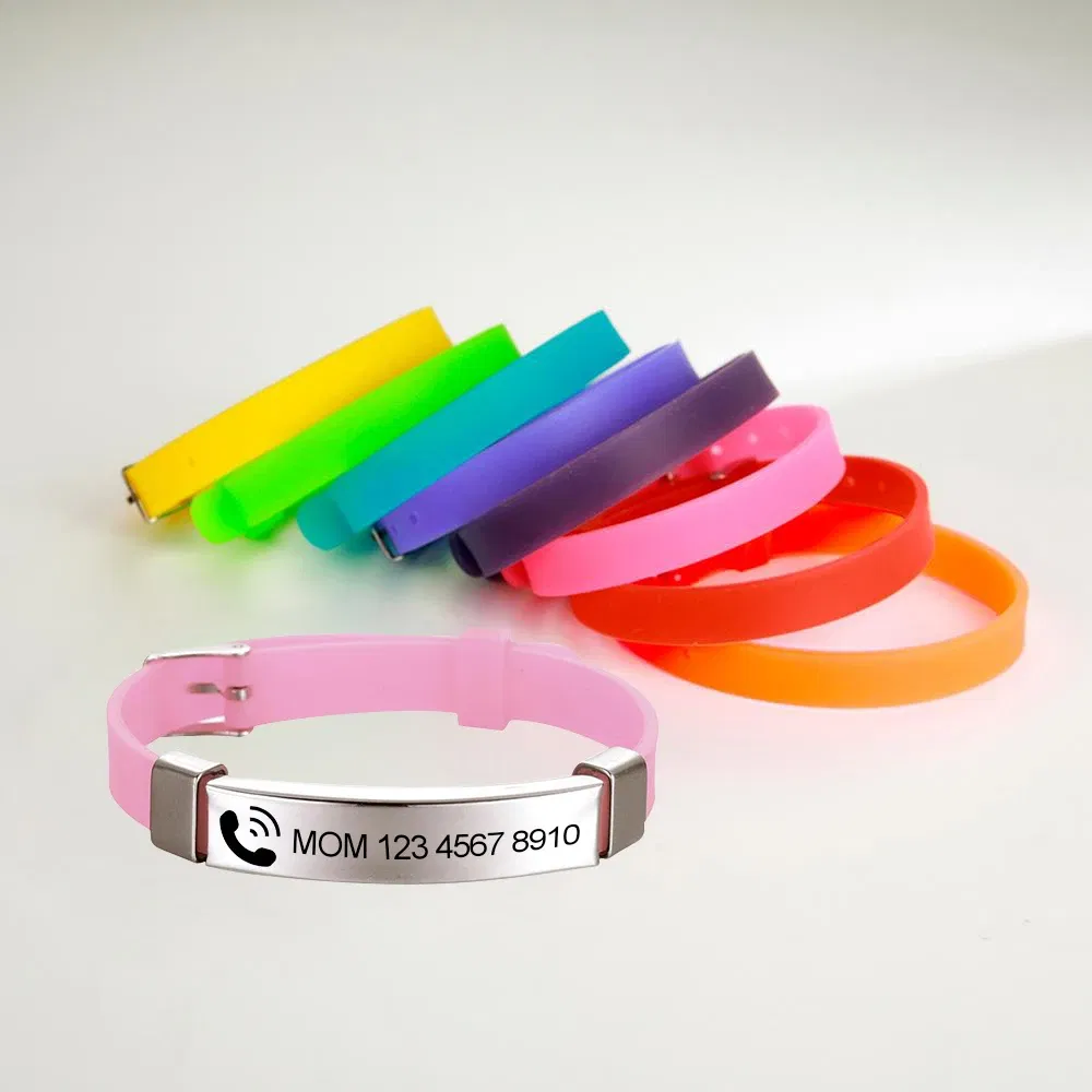 Metal Color: Red, Length: 17cm - Personalized ID Bracelet Kids Children Adjustable Soft Silicone Stainless Steel Pendant Emergency Name Phone Custom Bracelets