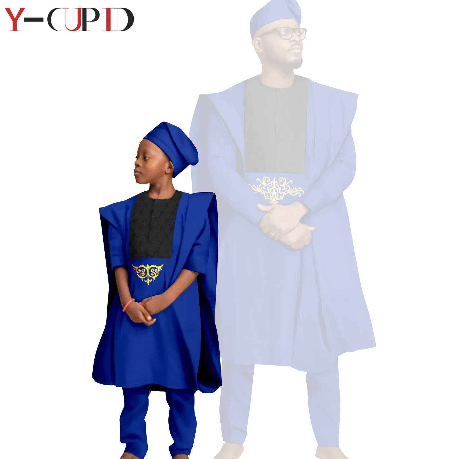 Color: black, Size: Mother 4XL - African Clothes for Men Top Pants Robes Hat Sets Match Kid Boy Sets Dashiki Father and Son Bazin Riche Family Outfits Y20F001