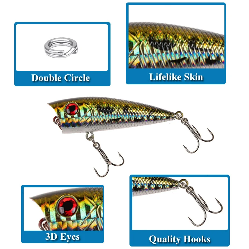 Color: Green - 1pc Popper Fishing Lure 6cm/6.5g Hard Bait Artificial Topwater Bass Trout Pike Wobbler Fishing Tackle with 2 Treble Hooks