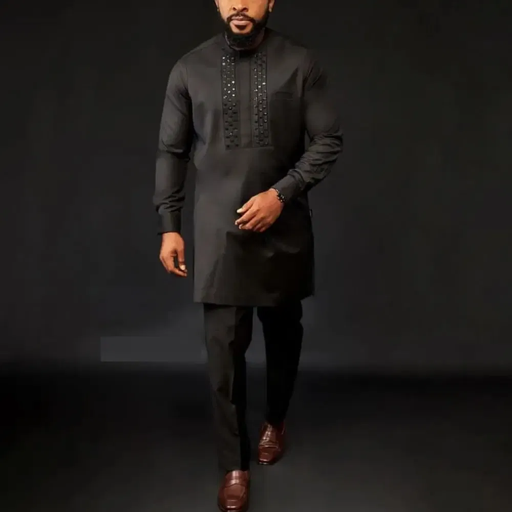 Color: SKY BLUE, Size: L - 2025 New men's suit, white pocket, 2-piece set, luxury wedding casual suit, traditional African style of ethnic minorities