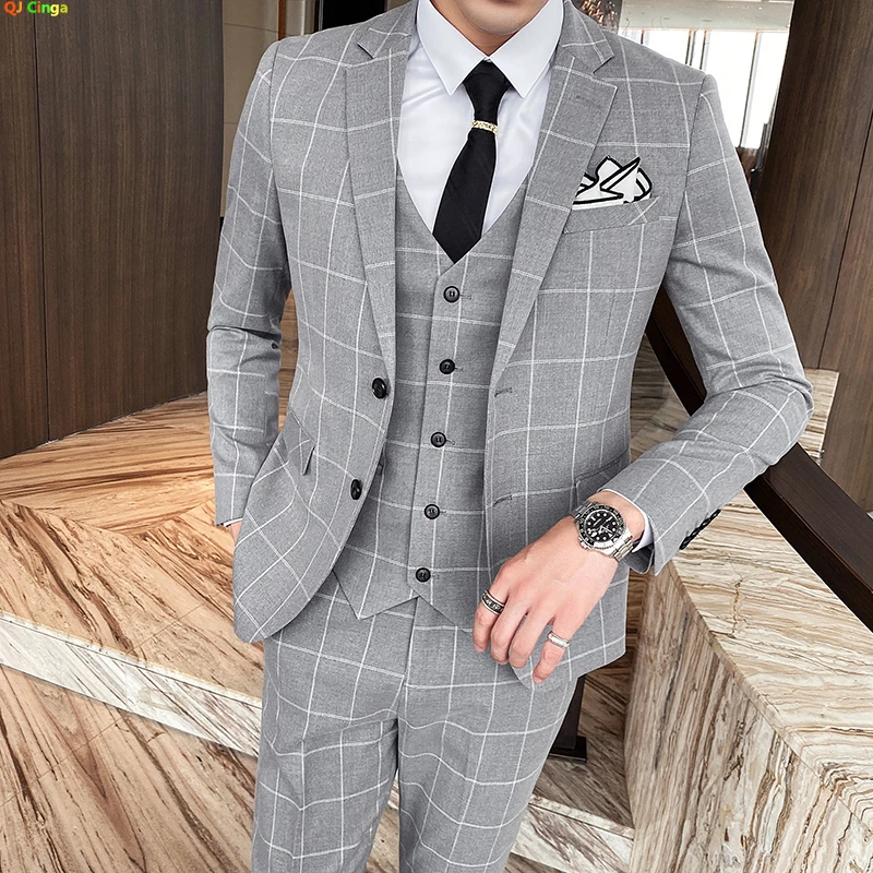 Color: PURPLE, Size: M - Gray Men Classic Striped/Checked Suits, Business Office 3 Piece, Asian Size Slim Fit Men Dress Jacket & Pants with Vest, S-4XL