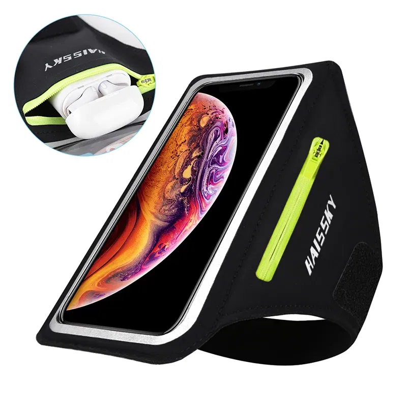 Color: Silver - HAISSKY Running Sport Armbands For iPhone 15 14 13 12 11 Pro Max 14 Plus Samsung S23 Ultra Zipper Arm Bag Case For AirPods Pro 3
