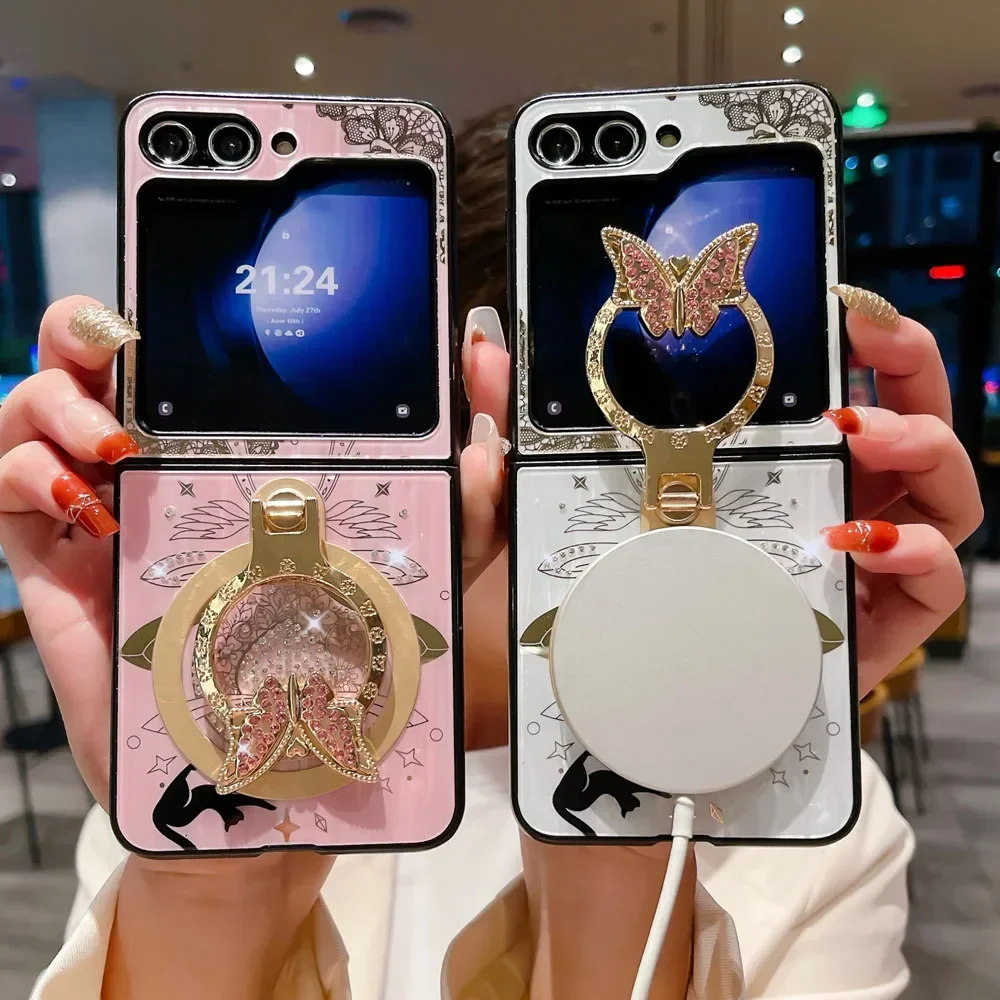 Material: Canvas, Color: Pink - For Samsung Galaxy Z Flip 5 4 3 5G MagSafe Magnetic Phone Case Stand Holder Glitter Bling Diamond 3D Ring Cover For Z Flip5 4 5G