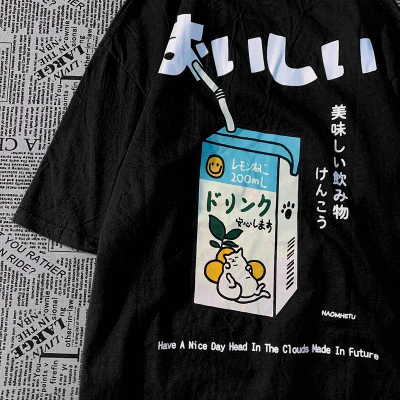 Color: Brown, Size: XXL - Cute Japanese Cat Print Oversized T-shirt men Women Short Sleeve Loose Casual Tee Shirt Streetwear Tops Cotton Harajuku Clothing