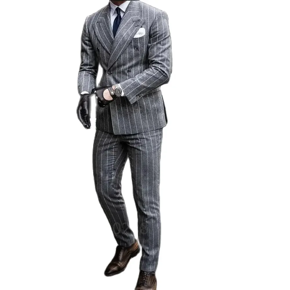 Color: GRAY, Size: S - 2 Pieces Classic Men's Suit Formal Striped Wedding Suit Business Groom Prom Fashion Double Breasted Casual Slim Fit Blazer Pants
