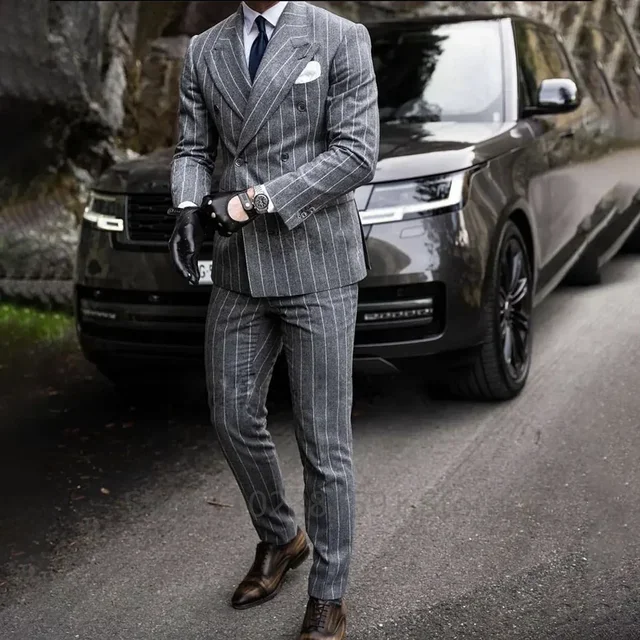 Color: GRAY, Size: S - 2 Pieces Classic Men's Suit Formal Striped Wedding Suit Business Groom Prom Fashion Double Breasted Casual Slim Fit Blazer Pants