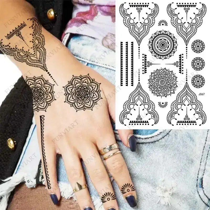 Color: Yellow, Ships From: CHINA - Black Henna Temporary Tattoos for Women Lace Flower Mehndi Sticker for Hand Fake Henna Tattoo Sticker Body Art Hena Tatoo