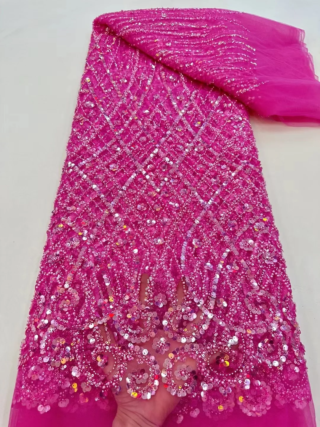 Color: Red, Width: 120cm, Length: 5 yards - Ni Ai African Sequins Beaded Groom Lace Fabric High Quality French Tulle Lace Fabric 2025 Embroidery Nigerian Lace Fabrics