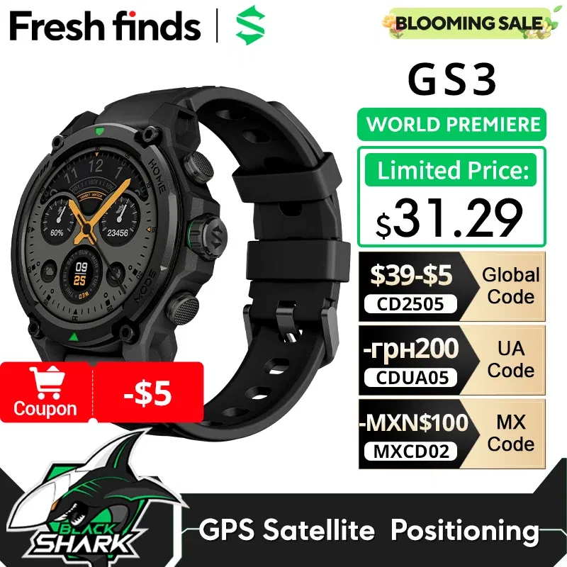 Color: Gold, Ships From: CHINA - [World Premiere]Blackshark GS3 Smart Watch Global Version 1.43"AMOLED Display GPS Satellite Positioning 21 Day Life 5ATM