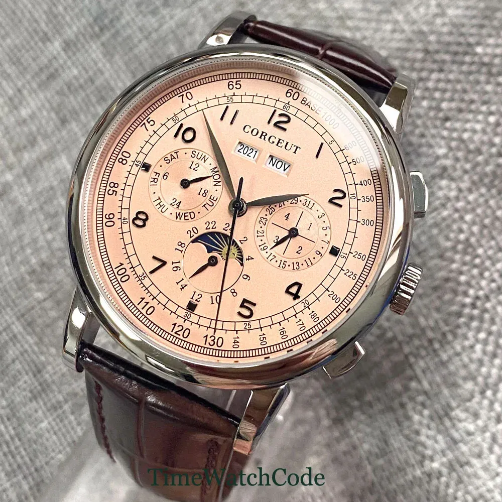 Color: Yellow - Corgeut 42mm Automatic Men's Watch Date Day Month Year Rose Gold Dial Multifunction 316L Leather Strap Polished Case Day Night