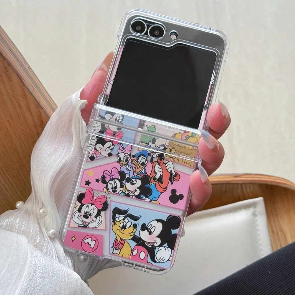 Material: Wood, Color: Beige - Cute Cartoon Disney Mickey Minnie Mouse Phone Case For Samsung Galaxy Z Flip 7 6 5 4 3 Stand Holder Case Hard Cover With Lanyard