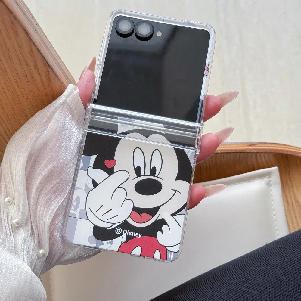 Material: Wood, Color: Beige - Cute Cartoon Disney Mickey Minnie Mouse Phone Case For Samsung Galaxy Z Flip 7 6 5 4 3 Stand Holder Case Hard Cover With Lanyard