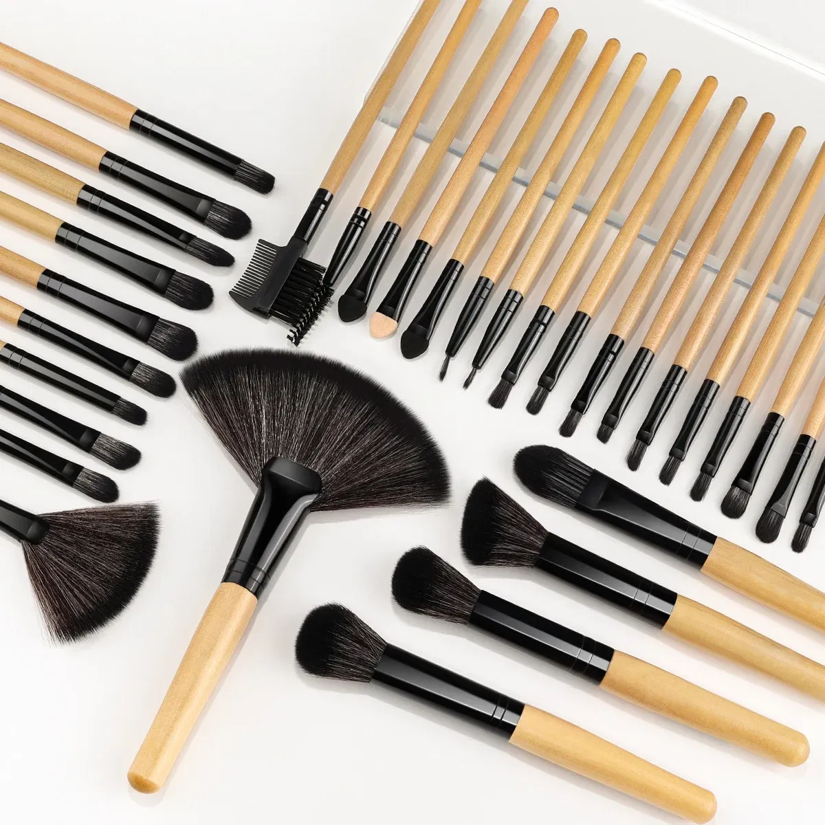 Handle Color: Black, Ships From: CHINA - Kaizm 32pcs Natural Hair Makeup Brushes Set Cosmetic Foundation Powder Eyeshadow Eyebrow Premium Wooden Make Up Brush Tools Kits