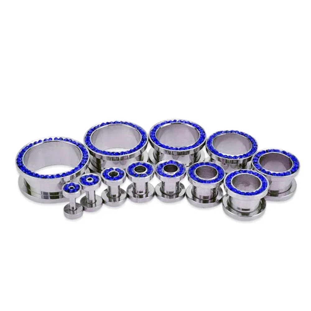Metal color: Pure Gold Color, Main Stone Color: Pink - 2pc Steel Multicolour Crystal Ear Plug Flesh Tunnel 8g ( 3mm ) - 1" ( 25mm ) Gauge Expander Stretcher Screw Fit