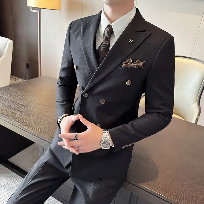 Color: SKY BLUE, Size: L - 2025 Men's Double Breasted 3/2 Piece Business Casual Wedding Dress Suit with  Trousers Regular Fit Bridegroom High Sense