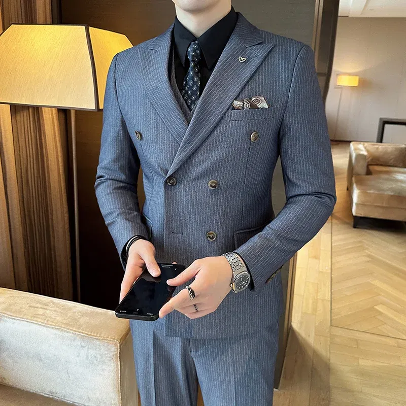 Color: SKY BLUE, Size: L - 2025 Men's Double Breasted 3/2 Piece Business Casual Wedding Dress Suit with  Trousers Regular Fit Bridegroom High Sense