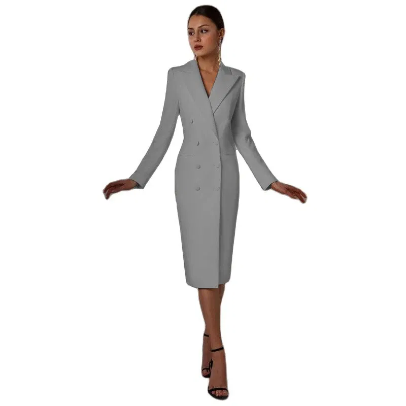 Color: GRAY, Size: XS - Women's Suit Long Blazer Double Breasted Jacket White Tuxedo Party Point Lapel Clothes спор?‚ивн?‹й кос?‚юм ?¶?µнск