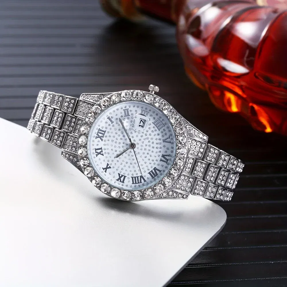 Color: Gold - Fashion Hip-hop Cuban Bracelet & Men's Steel Band Faux Diamond Watch, Fashion Men's Watch Set