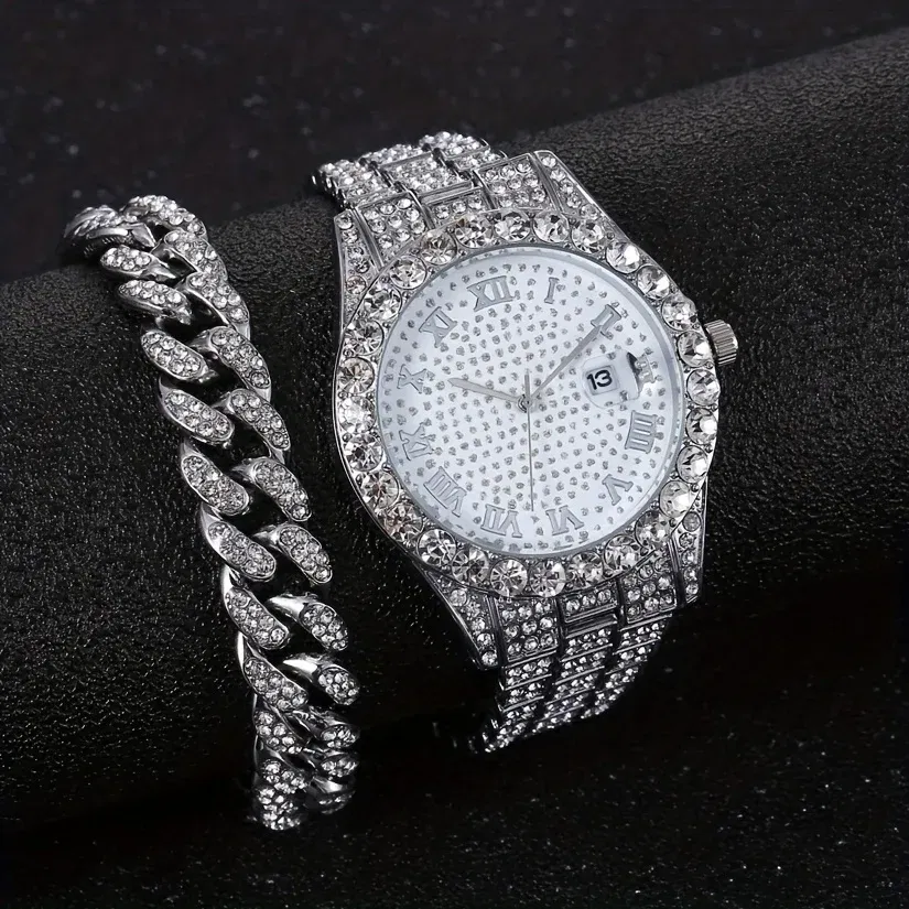 Color: Gold - Fashion Hip-hop Cuban Bracelet & Men's Steel Band Faux Diamond Watch, Fashion Men's Watch Set