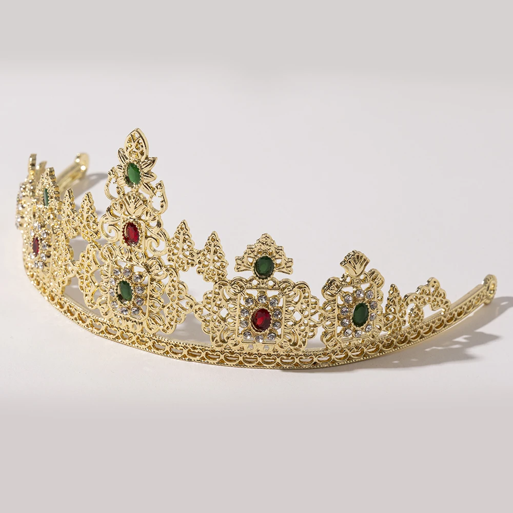 Metal color: Pure Gold Color - LUIZADA European Princess Queen Round Headdress Moroccan Bride Crystal Crown King Bride Headdress Wedding Hair Accessories