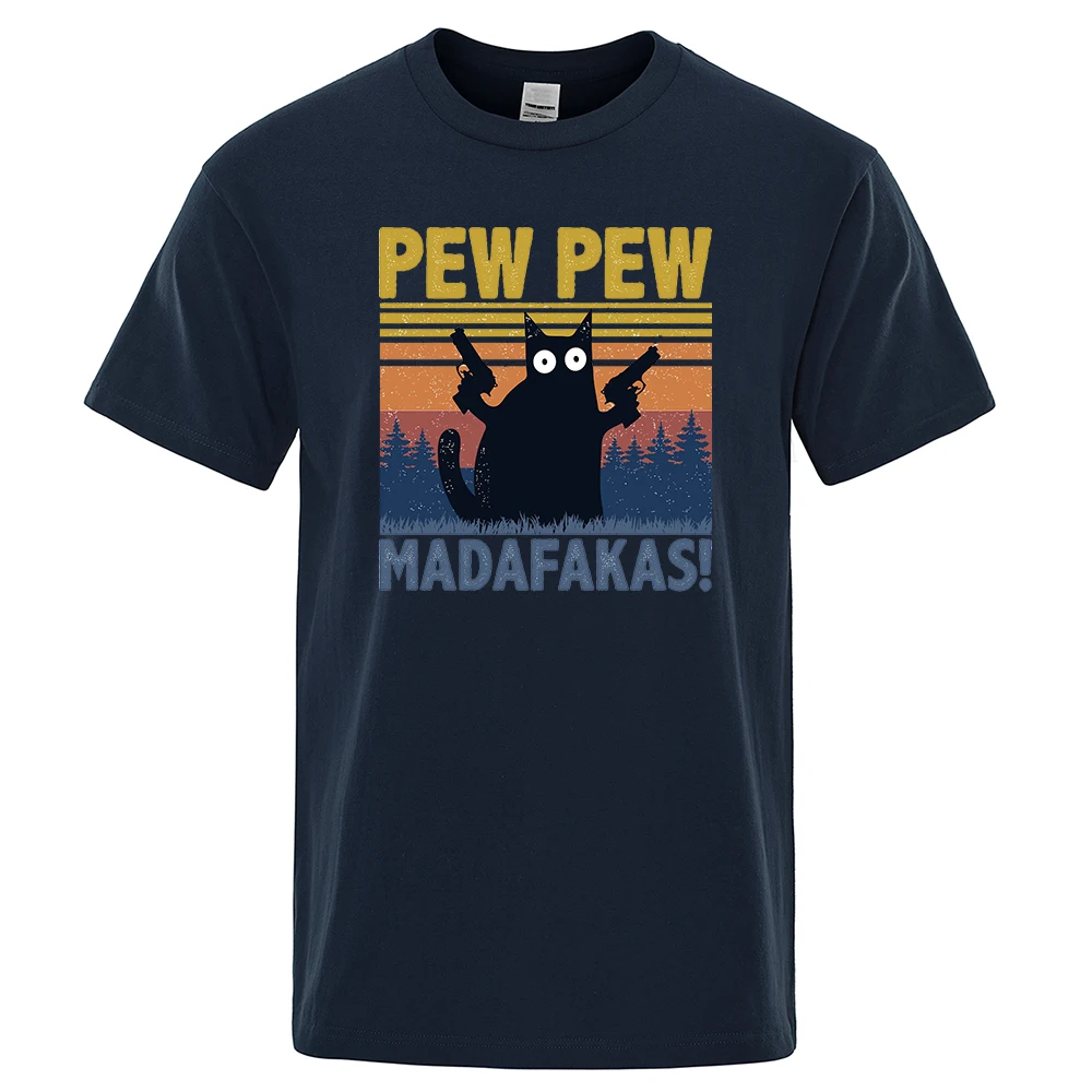 Color: Navy Blue, Size: XXL - Pew Pew Madafakas Tshirt Men Short Sleeve Novelty Funny Cat T Shirt Cotton Oversize Tops Shirts Tee T-Shirt Crew Neck Streetwear