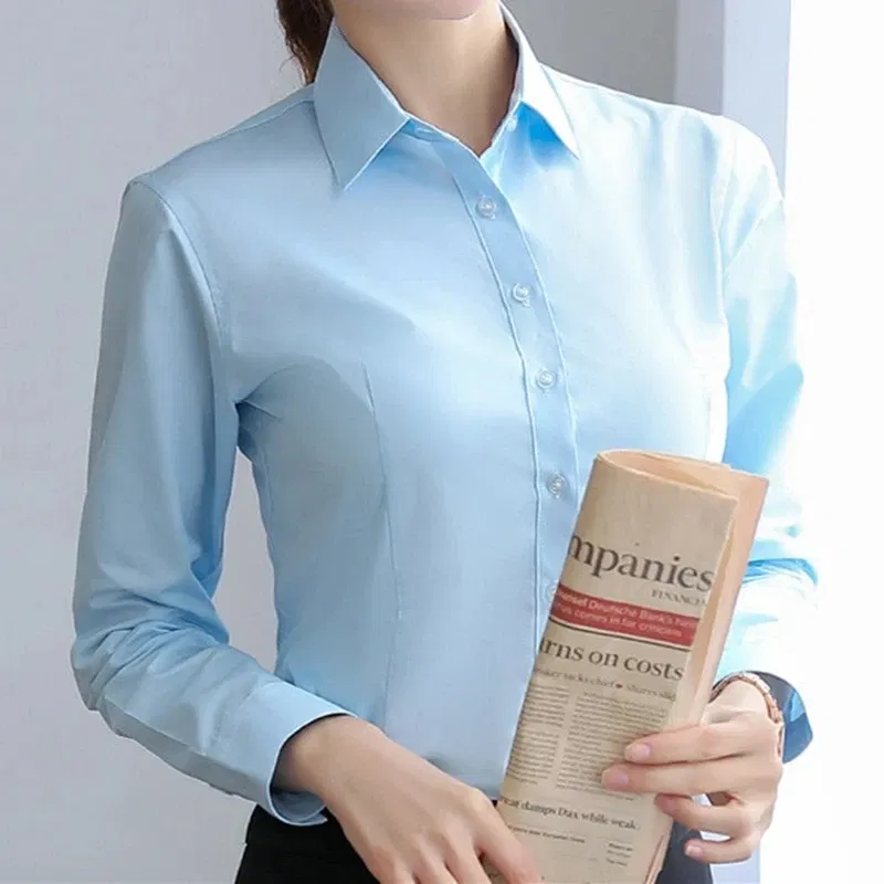 Color: SKY BLUE, Size: S - Elegant Women Shirts Woman White Shirt Long Sleeve Blouse Office Lady business Pink Shirts Button Solid Women work Blouses Tops