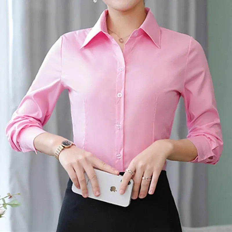 Color: SKY BLUE, Size: S - Elegant Women Shirts Woman White Shirt Long Sleeve Blouse Office Lady business Pink Shirts Button Solid Women work Blouses Tops