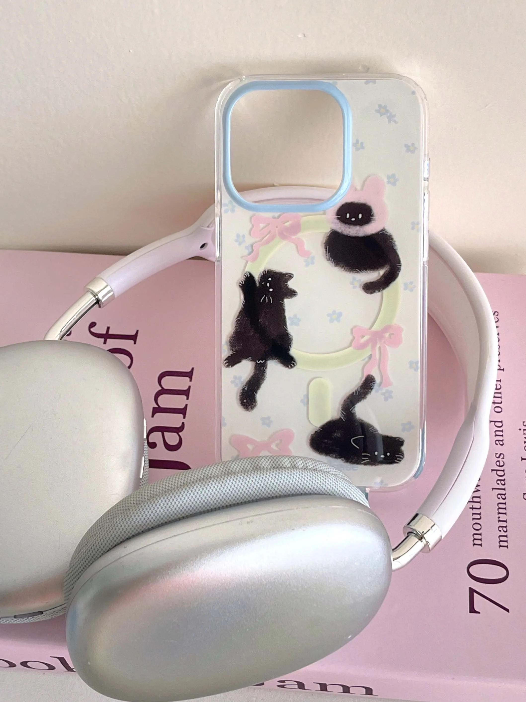 Color: black, Material: POLYESTER - Cute Black Cat, Pink Bow, Blue Flower Magnetic Card Holder Phone Case for IPhone 13 14 15 Pro Max 13Pro 16ProMax 14Pro 15Pro 12