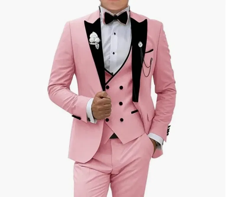 Color: Gold, Size: L - Pink Prom Suit for Men 3 Piece Jacket Vest Pants Set Peaked Lapel Blazer Outfit Costume Birthday Party
