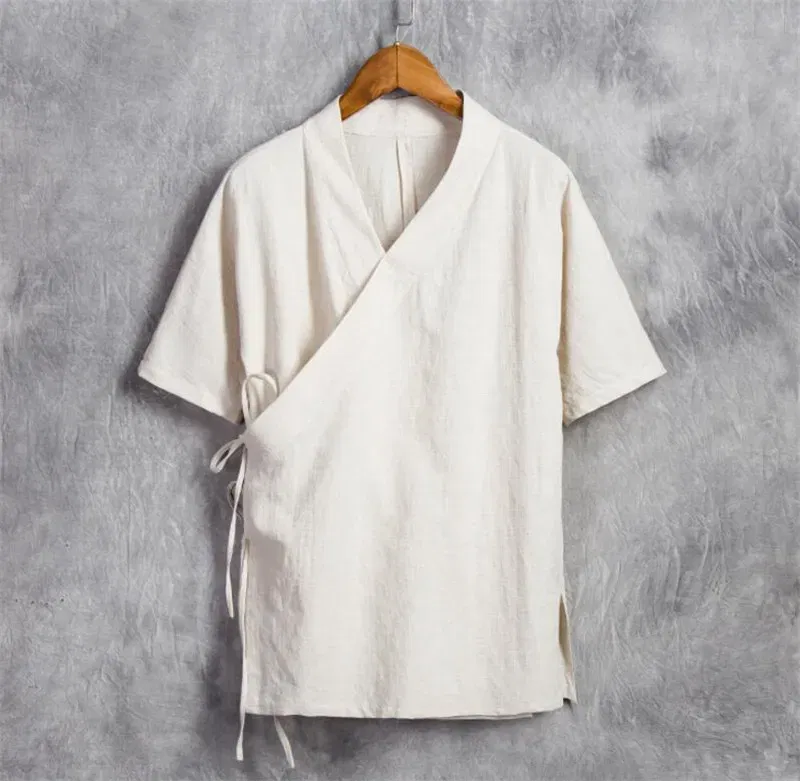 Color: Khaki, Size: 5XL - Men Cotton Linen Short sleeve Kung Fu Shirt Classic Chinese Style Tang Clothing Size M-6XL