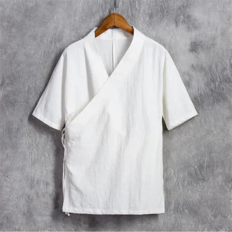 Color: Khaki, Size: 5XL - Men Cotton Linen Short sleeve Kung Fu Shirt Classic Chinese Style Tang Clothing Size M-6XL