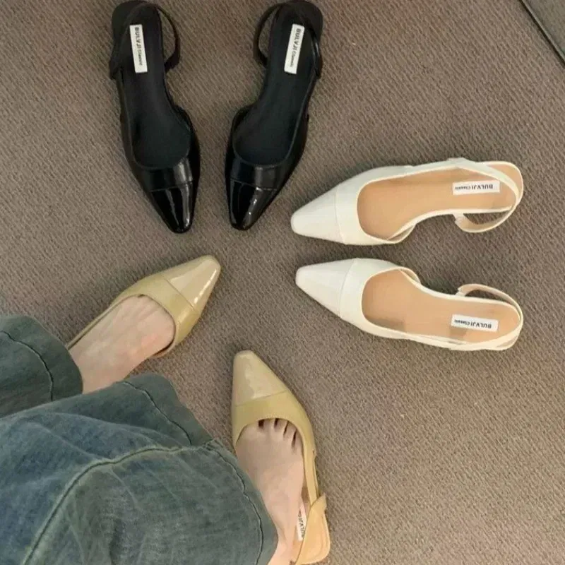 Color: WHITE, Shoe Size: 37 - 24Low Heel Baotou Sandals Women's French Nude Color Pointed Small Fragrant Style Ladies Thick Heels Back Air Style Single Shoes