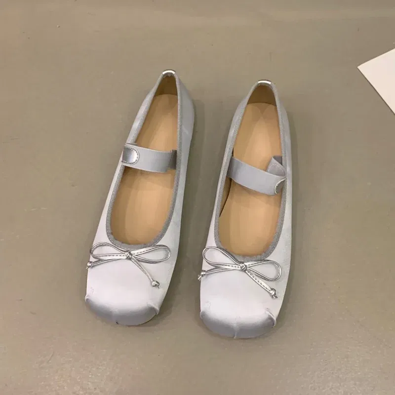 Color: Blue, Shoe Size: 39 - 2023Luxury Satin Silk Ballet Shoes Woman Classic Square Toe Bowtie Elastic Band Ballerina Flats Ladies Soft Loafers