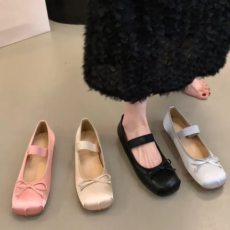 Color: Blue, Shoe Size: 39 - 2023Luxury Satin Silk Ballet Shoes Woman Classic Square Toe Bowtie Elastic Band Ballerina Flats Ladies Soft Loafers