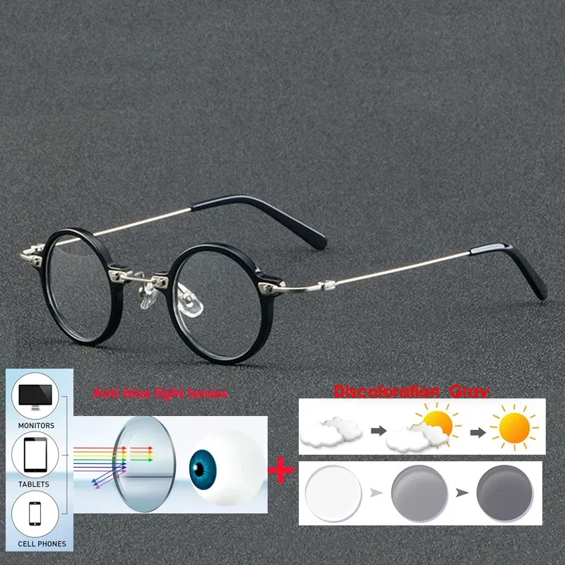 Frame Color: black, Eye Prescription: +200 - VCKA Anti-blue Discolor Acetate+Titanium Myopia Glasses Frames Small Round Men Prescription Optical Women Eyewear -0.50 to -10.0