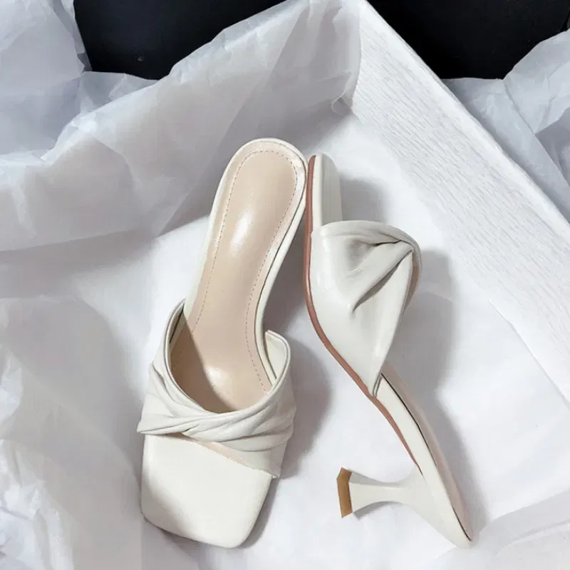 Color: Beige, Shoe Size: 41 - Fashion Summer Women Shoes New Handmade Square Open Toe High Heels Outdoor Fashion Slippers Apricot Off White