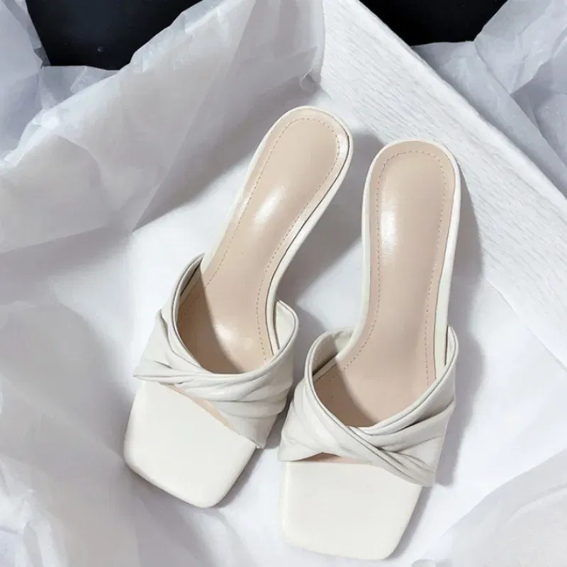 Color: Beige, Shoe Size: 41 - Fashion Summer Women Shoes New Handmade Square Open Toe High Heels Outdoor Fashion Slippers Apricot Off White