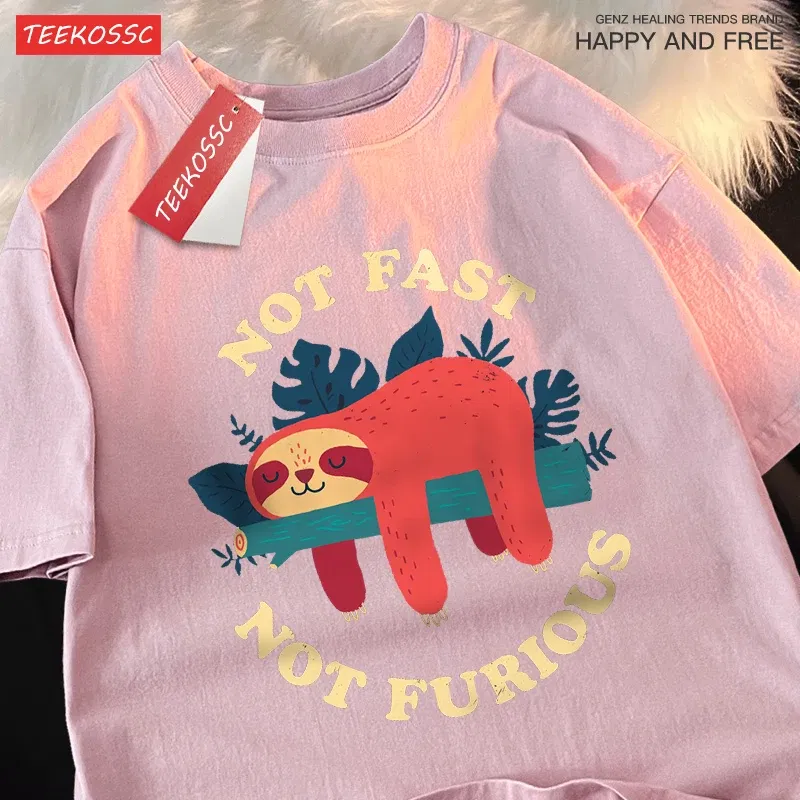 Color: GRAY, Size: XL - Not Fast Not Furious Cute Sloth Male T Shirts Hip Hop Crewneck Short Sleeve Summer Cotton Tops Casual Sweat Oversized T-Shirts