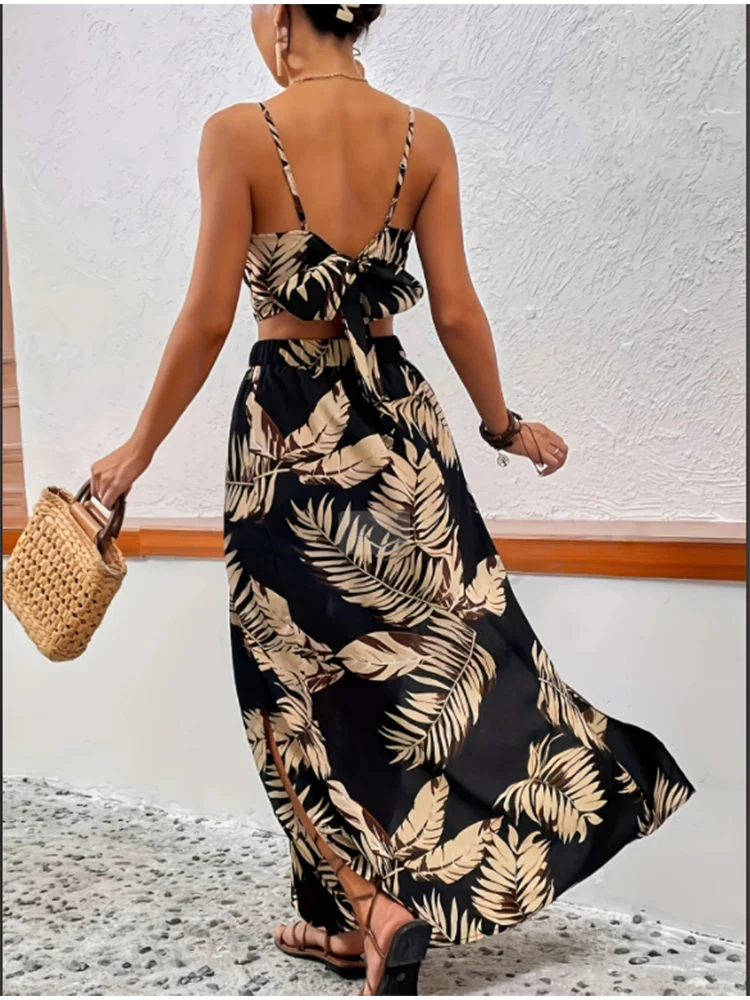 Color: black, Size: L - Elegant Deep V-neck Dress Women Summer Sleeveless Printed Vest Skirt Set Sexy High Slit Trend Dresses