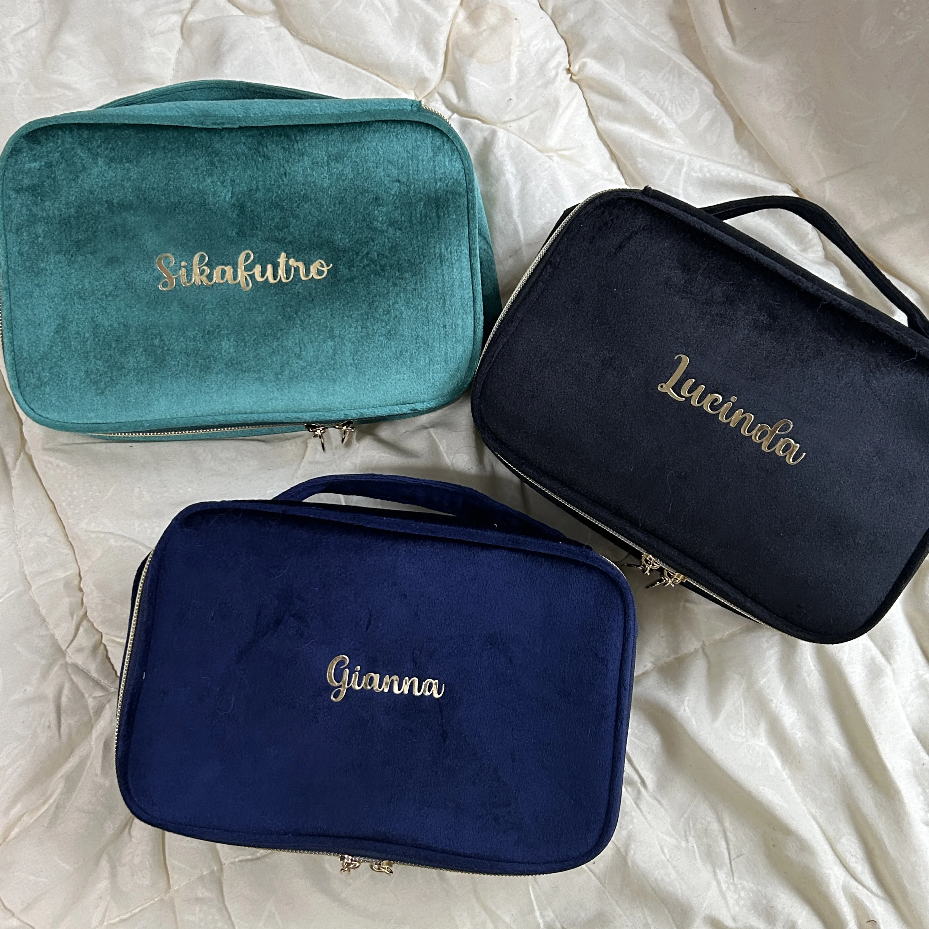 Color: Gold - Velvet Cosmetics Bag Top Handle Travel Large Capacity Brushes Suede Makeup Vanity Case Custom Initials Name Gift
