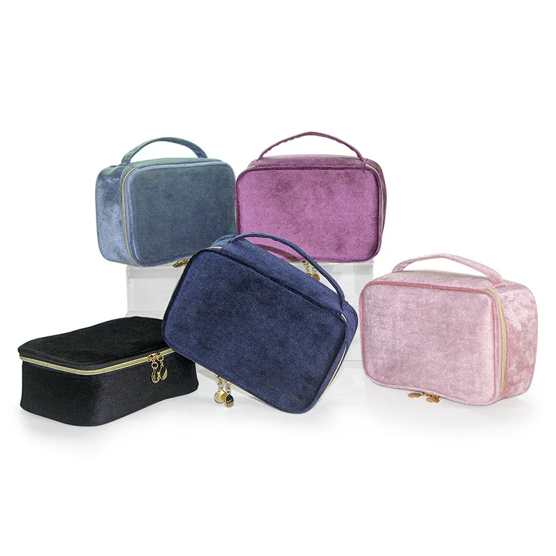 Color: Gold - Velvet Cosmetics Bag Top Handle Travel Large Capacity Brushes Suede Makeup Vanity Case Custom Initials Name Gift