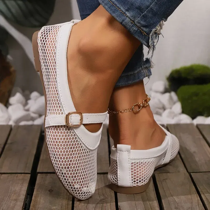 Color: WHITE, Shoe Size: 38 - Round head one buckle strap ballet shoes women's soft bottom flat hollow Mary Jane single fishing net shoes