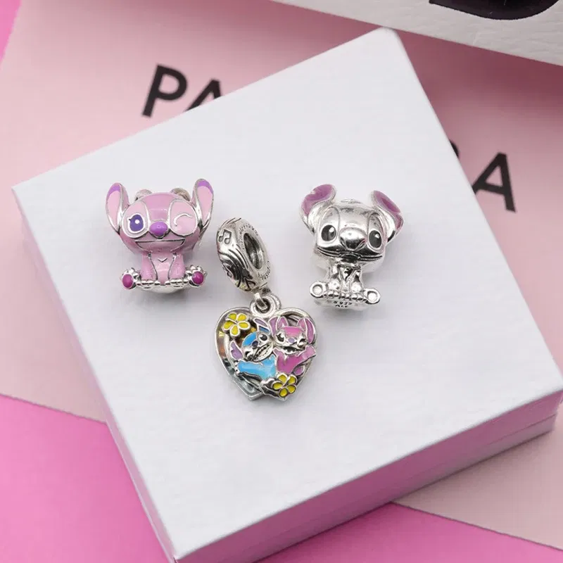 Gem Color: Ochre - S925 Silver Jewelry Stitch and Angel Charms Disney Series Bead 1:1 Model with Logo Fit Pandora Bracelet Women Diy Making Jewelry