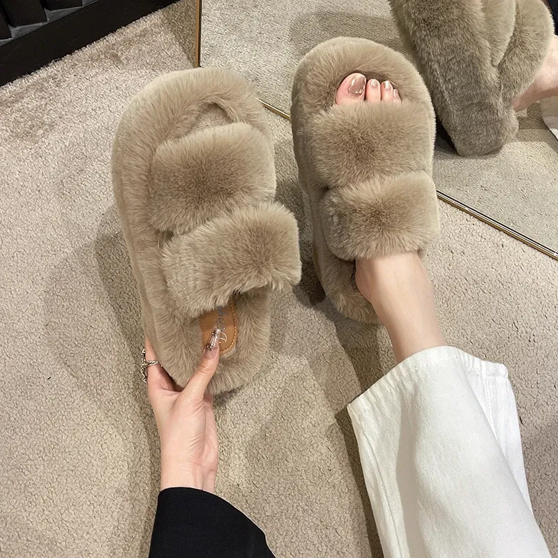 Color: SKY BLUE, Shoe Size: 35 - New Winter Open Toe Slipper Fur Thick Sole Flats Heel Ladies Casual Slip On Bedroom Shoes Soft Outdoor Fashion Fur Slippers