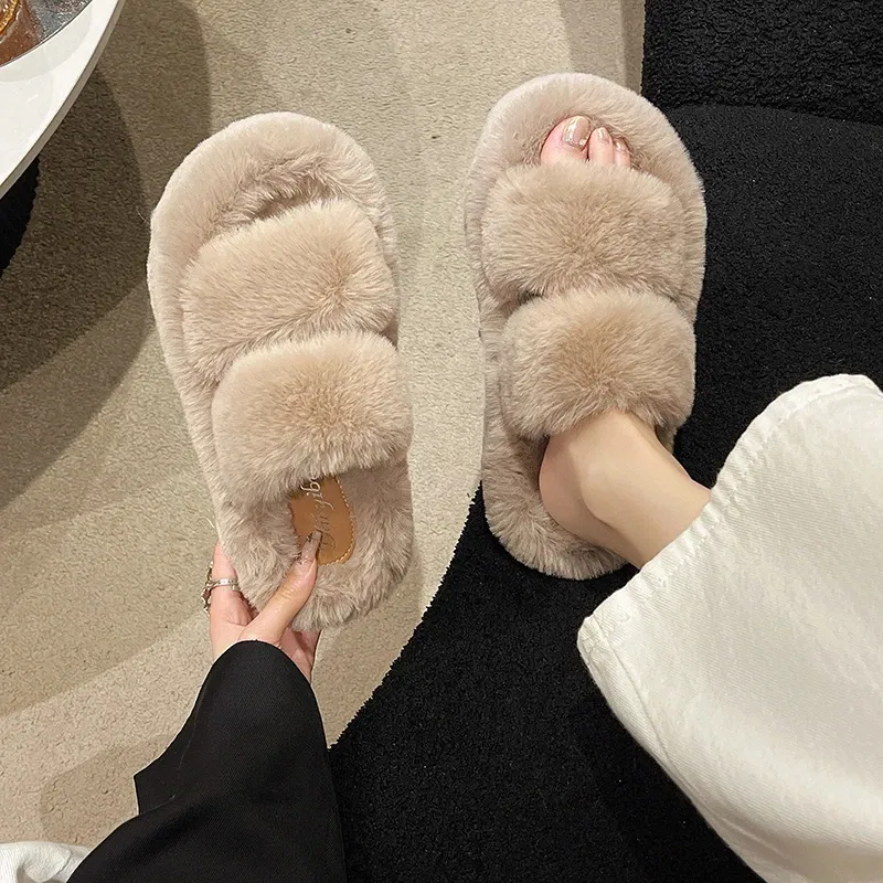 Color: SKY BLUE, Shoe Size: 35 - New Winter Open Toe Slipper Fur Thick Sole Flats Heel Ladies Casual Slip On Bedroom Shoes Soft Outdoor Fashion Fur Slippers