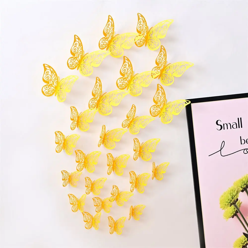 Color: Burgundy - 12 Pieces 3D Hollow Butterfly Wall Sticker Bedroom Living Room Home Decoration Paper Butterfly