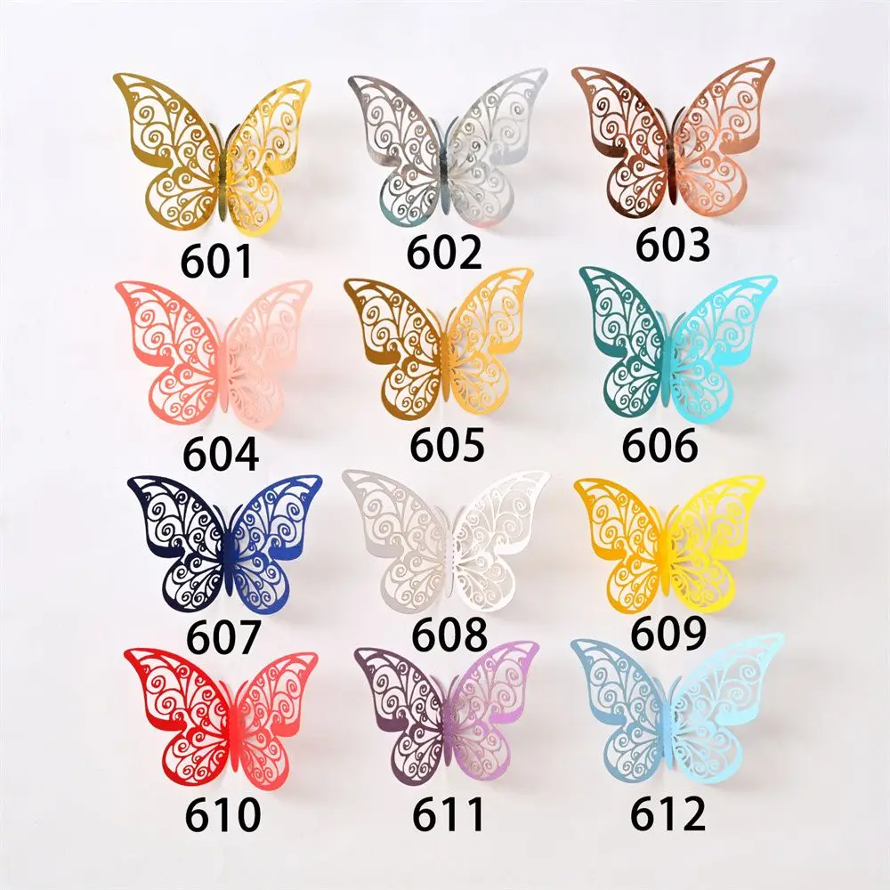 Color: Burgundy - 12 Pieces 3D Hollow Butterfly Wall Sticker Bedroom Living Room Home Decoration Paper Butterfly